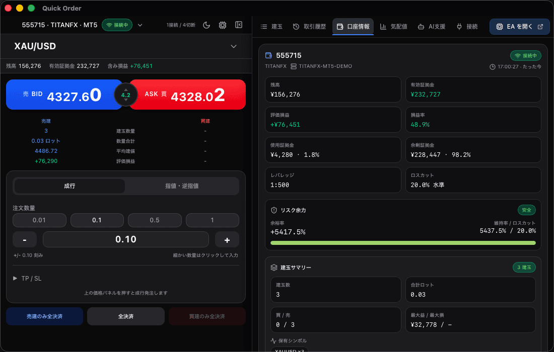 TradingAssistant の口座情報タブ。残高・有効証拠金・証拠金維持率・リスクバーが表示されている。