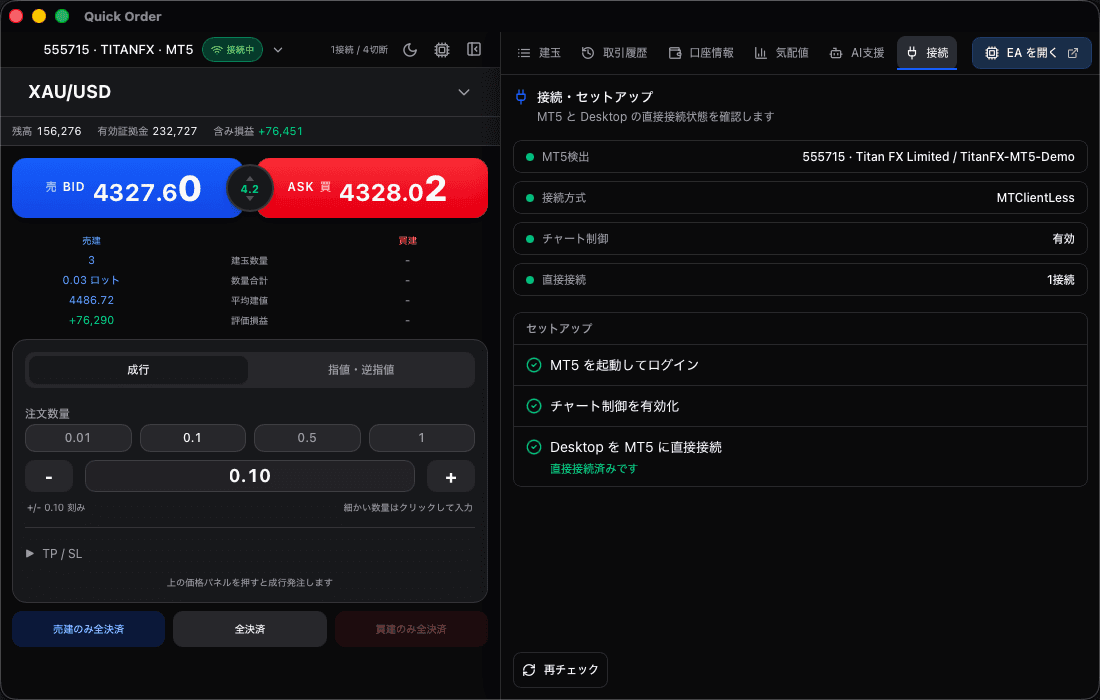 TradingAssistant の接続セットアップ(Setup)タブ。MT5 の検出、接続ステータス、ブリッジ EA とサイドカーの状態、接続チェックリストが表示されている。