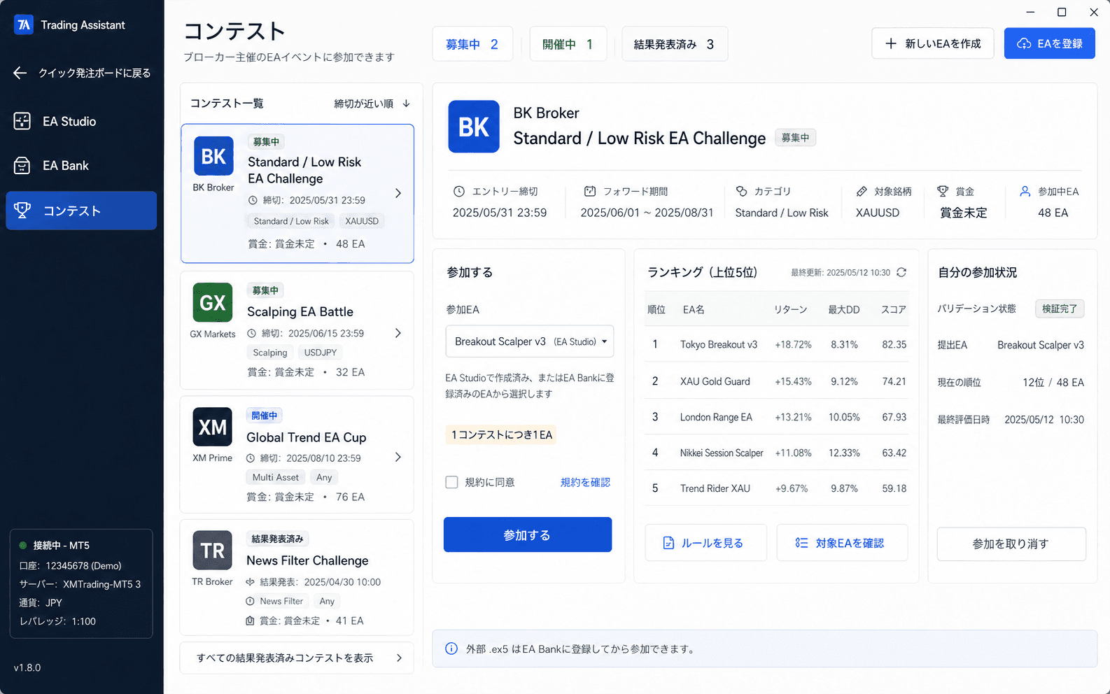 TradingAssistant の EA コンテスト画面。コンテスト一覧、詳細、ランキング、参加パネルが表示されている。